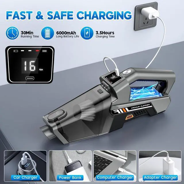 Alt view image 6 of 7 - EYYA Handheld Vacuum Cordless, 16KPA Powerful Suction Hand Held Vacuum Cleaner Dust Busters Cordless Rechargeable, HD Display & 3 LED Lights, Portable Vacuum for Car, Home, Pet Hair