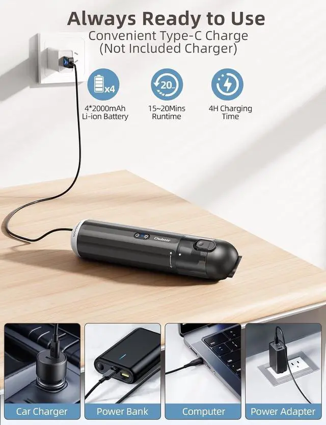 Alt view image 7 of 7 - Chuboor Handheld Car Vacuum Cleaner, 14,000Pa Cordless Vacuum Cordless Rechargeable, 120 WPowerful Mini Hand Vacuum with Multifunctional Nozzle for Car, Home, Office, Pet Hair (Brown)