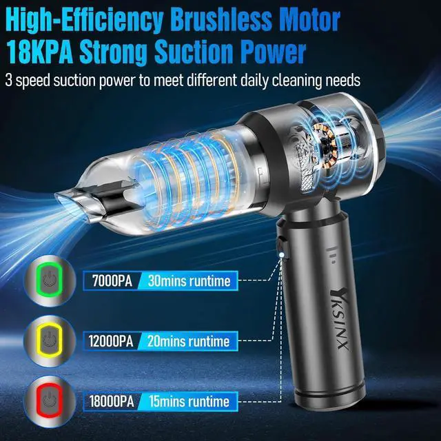 Alt view image 2 of 6 - Car Vacuum Cleaner High Power,18000PA Handheld Vacuum Cordless with Brushless Motor,4 in 1 Portable Mini Vacuum Cleaner & Air Duster,3 Gear,Small Handheld Vacuum Rechargeable for Car,Home