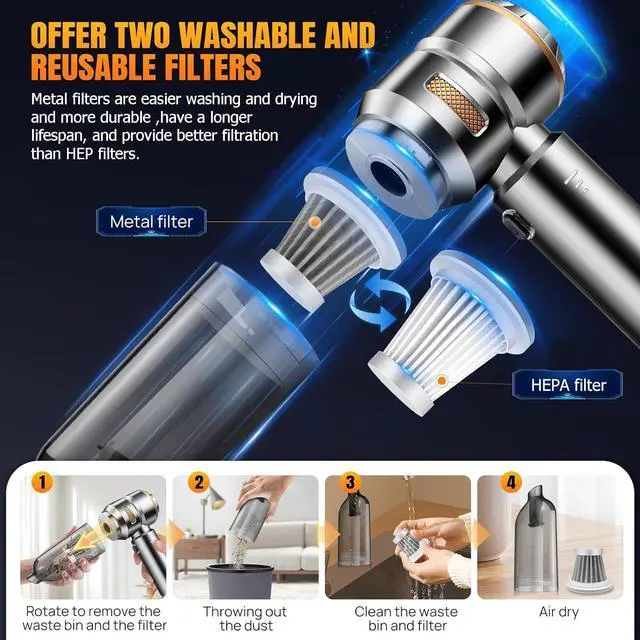 Alt view image 6 of 7 - Mini Car Vacuum Cleaner,20000PA 4-in-1 Cordless Handheld Vacuum Cleaner with 6000mAh Battery Brushless Motor Hand Held Vacuum Air Duster & Air Blower & Pump for Car,Office and Home Cleaning
