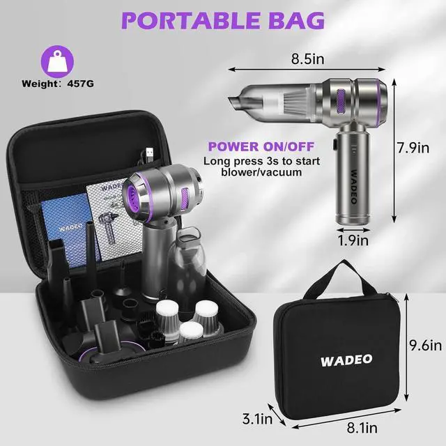 Alt view image 4 of 7 - WADEO Handheld Vacuum Cordless, 4-in-1 21000PA Brushless Car Vacuum & 210000RPM Air Duster 7500mAh Battery Air Blower Wireless Handheld Vacuum for Car, Office and Home Cleaning