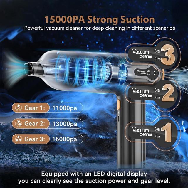Alt view image 2 of 7 - Handheld Car Vacuum Cleaner, 15000Pa Cordless and Air Duster, Portable Strong Suction With LED Display, Rechargeable Blower Mini for Home Pet Hair Dust