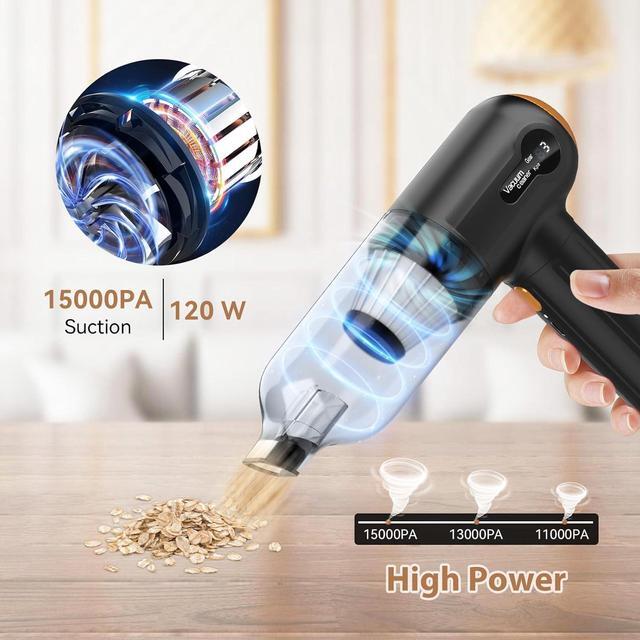 Alt view image 3 of 7 - Handheld Car Vacuum Cleaner, 15000Pa Cordless and Air Duster, Portable Strong Suction With LED Display, Rechargeable Blower Mini for Home Pet Hair Dust