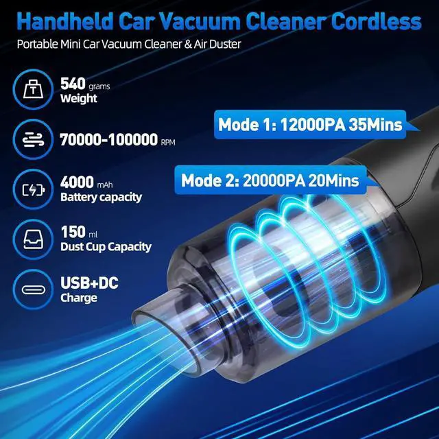 Alt view image 4 of 7 - Handheld Car Vacuum Cleaner Cordless, High-Power Brushless 20000PA Mini Hand Held Cleaner with 8 Multi-Functional Nozzle & 2 Replaceable Filters, Portable Vacuum Cleaner for Car Office Pet Hair