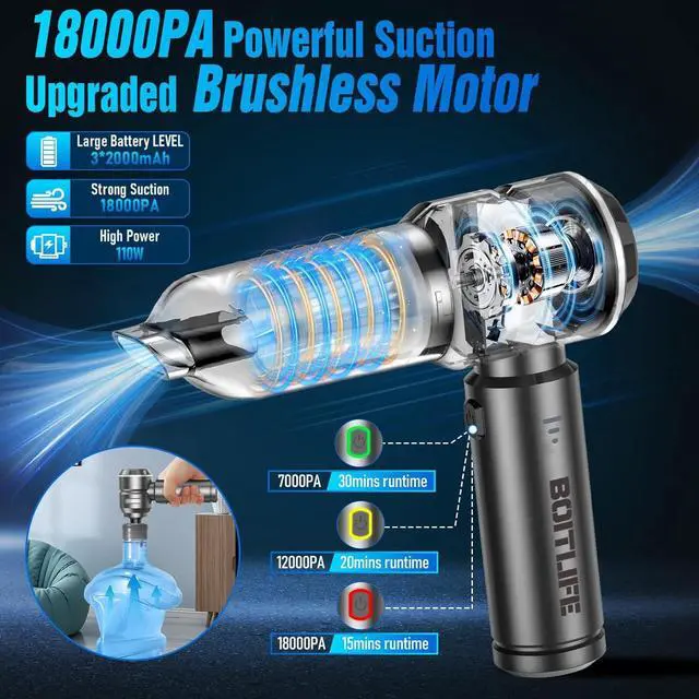 Alt view image 2 of 6 - BOITLIFE Handheld Car Vacuum Cleaner Cordless,18000PA High Power Portable Vacuum Cleaner&Air Duster,3 Gear,7 in 1 Small Vacuum Cleaner Rechargeable,Mini Hand Held Vacuum for Car Home Office Keyboard