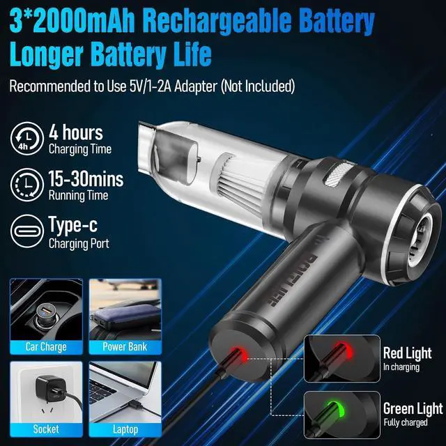Alt view image 6 of 6 - BOITLIFE Handheld Car Vacuum Cleaner Cordless,18000PA High Power Portable Vacuum Cleaner&Air Duster,3 Gear,7 in 1 Small Vacuum Cleaner Rechargeable,Mini Hand Held Vacuum for Car Home Office Keyboard