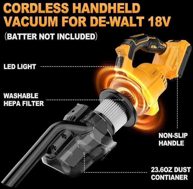 Alt view image 3 of 7 - Cordless Vacuum for Dewalt 20V Battery, Portable Handheld Vacuum Cleaner with 2 HEPA Filter, 4 Multi Nozzle, Power Shop Vacuum for Home, Car, Floor, Carpet (Battery Not Included)