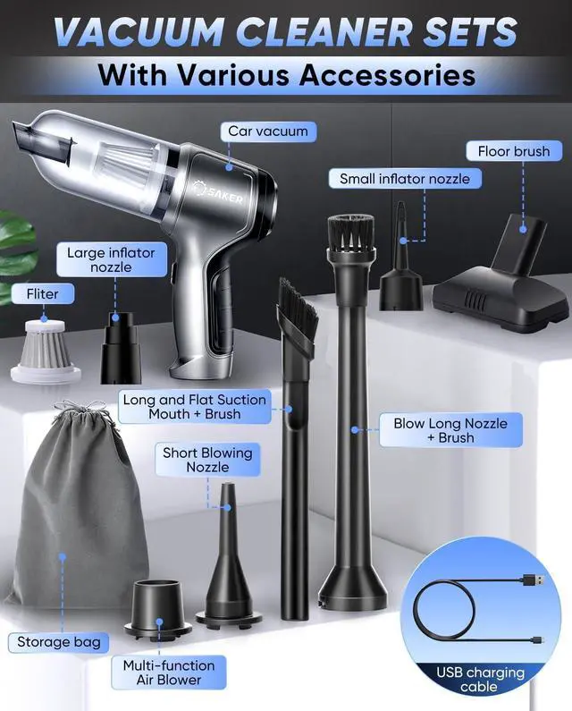 Alt view image 7 of 7 - Saker Car Vacuum Portable Cordless 3 in 1 Handheld Car Vacuum 15000PA High Power with Brushless Motor and TypeC for Cars,Office,Home Cleaning HL107B