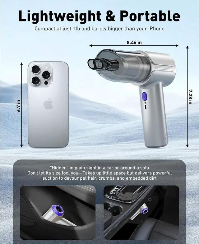 Alt view image 6 of 7 - Handheld Car Vacuum Cleaner Cordless with Brushless Motor, 21000PA High Power Mini Air Duster, 7 in 1 Keyboard Portable Vacuum Cleaner Dual Filters for Car, Home, Office, Pet