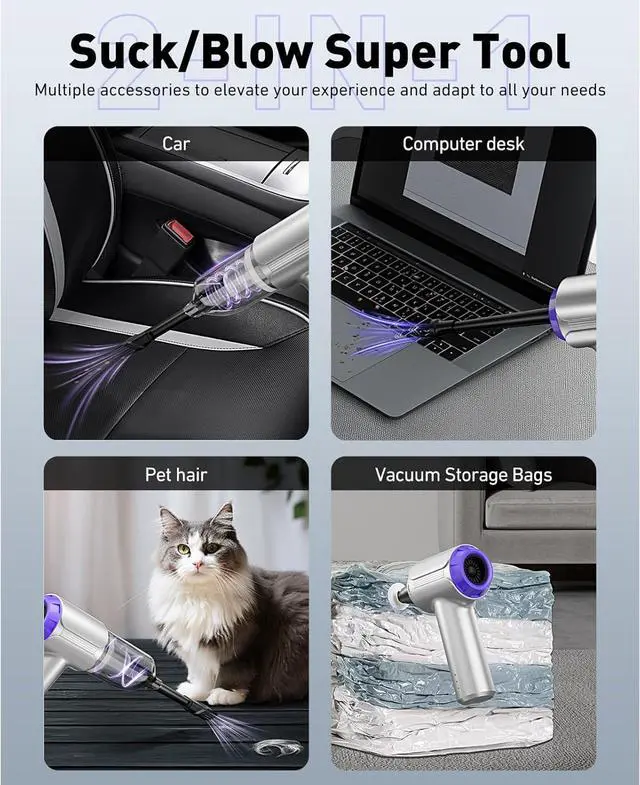 Alt view image 3 of 7 - Handheld Car Vacuum Cleaner Cordless with Brushless Motor, 21000PA High Power Mini Air Duster, 7 in 1 Keyboard Portable Vacuum Cleaner Dual Filters for Car, Home, Office, Pet