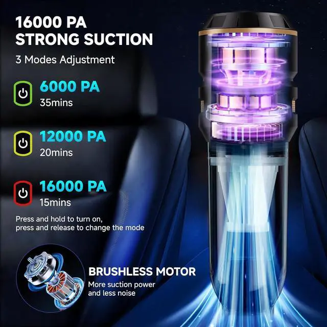 Alt view image 3 of 7 - Handheld Vacuum Cordless, Car Vacuum Cleaner with Brushless Motor, Strong Suction Vacuum & Compressed Air Dusters with LED Light, Wireless Mini Portable Hand Vacuum Blower for Home, Pet (Black)