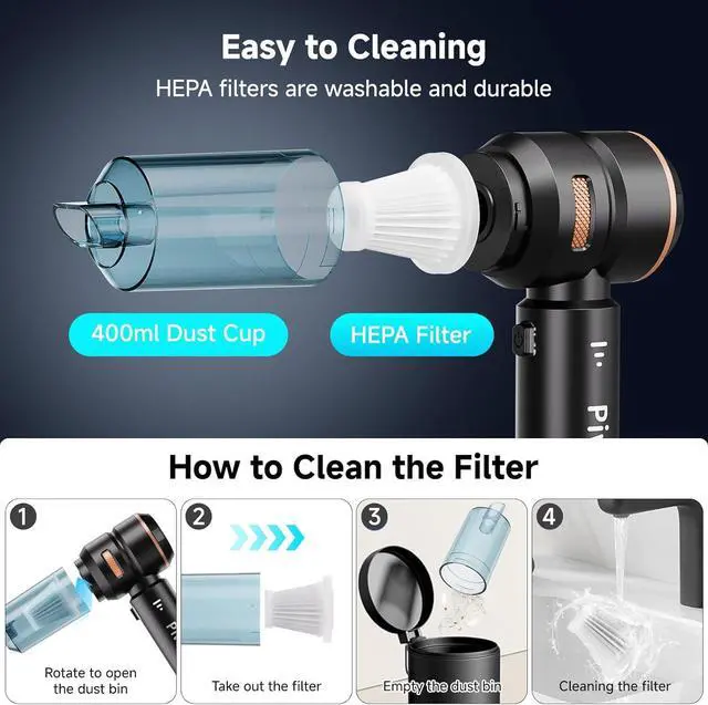 Alt view image 6 of 7 - Handheld Vacuum Cordless, Car Vacuum Cleaner with Brushless Motor, Strong Suction Vacuum & Compressed Air Dusters with LED Light, Wireless Mini Portable Hand Vacuum Blower for Home, Pet (Black)