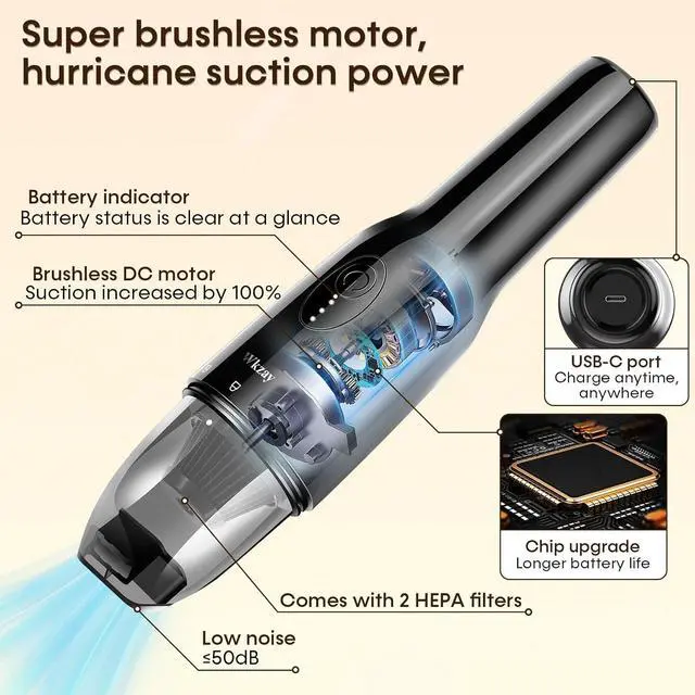 Alt view image 4 of 7 - Cordless Handheld Vacuum Cleaner - 16000 Pa Suction and Brushless Motor for Rechargeable Lightweight and Portable Cleaning in Home