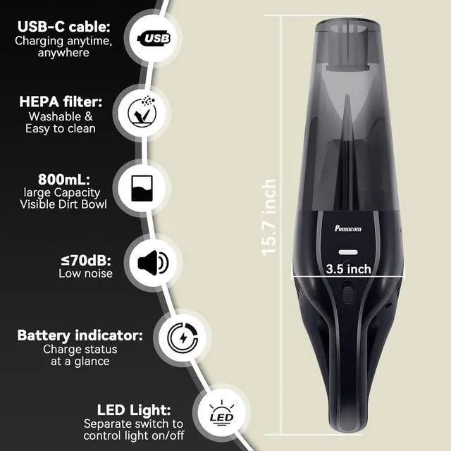 Alt view image 2 of 7 - Portable Handheld Vacuum Cordless  10,000Pa Suction Power, Lightweight 1.8 lbs, Washable HEPA Filter, LED Light, Quiet, 800ml Dustbin, Perfect for Home