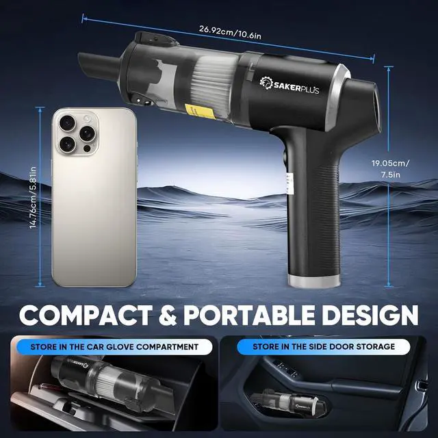 Alt view image 2 of 7 - Hand Held Car Vacuum Cordless, 20000PA High Power Handheld Portable Vacuum & Air Duster for Car Home, 4-in-1 Mini Vacuum Cleaner with LED Display - Vacuuming, Blowing, Inflating & Deflating