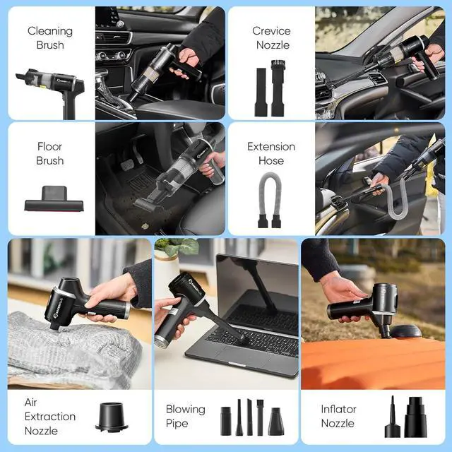 Alt view image 5 of 7 - Hand Held Car Vacuum Cordless, 20000PA High Power Handheld Portable Vacuum & Air Duster for Car Home, 4-in-1 Mini Vacuum Cleaner with LED Display - Vacuuming, Blowing, Inflating & Deflating