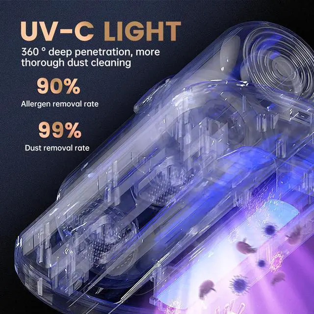 Alt view image 3 of 6 - Mattress Vacuum Cleaner, Wireless Handheld Bed Vacuum Cleaner with UV-C Light, HEPA Filter and Ultrasonic Vibration, 12KPa, Suitable for Beds, Sofas, Car Seats, Carpets (Golden)