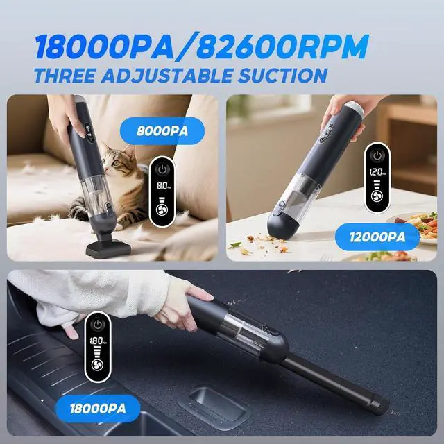 Alt view image 2 of 6 - Car Vacuum Cleaner, Portable Cordless Handheld Vacuum with 18,000PA Suction, 3 Power Modes, Metal Body & LCD Display & LED Light, Mini Vacuum for Car, Home, Office, and Pet Cleaning