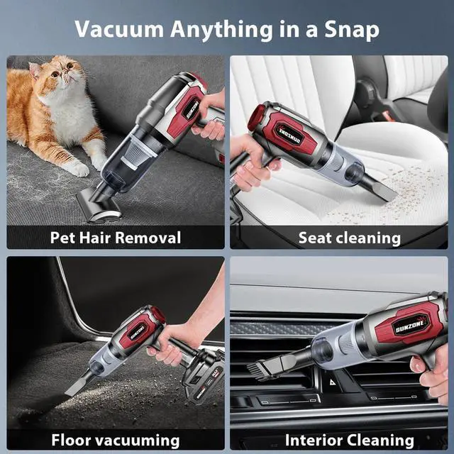Alt view image 3 of 6 - sunzone Handheld Car Vacuum Cleaner, Cordless Vacuum Cleaner with 20KPa Powerful Suction and Blower, Portable Hand Held Vacuum with Multi-Nozzles for Car, Home, Office, Pet (Red)
