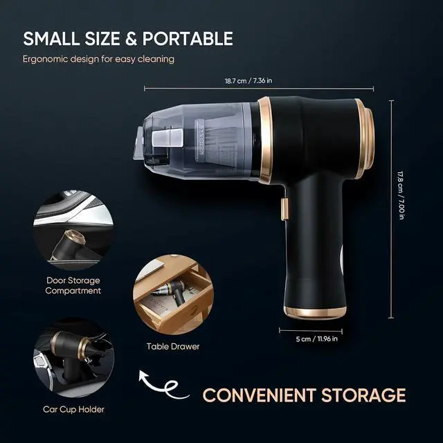 Alt view image 2 of 7 - ThomasWorth Handheld Vacuum Cleaner for Car with Strong 15000Pa Suction, 3-in-1 Mini Car Vacuum Cordless Rechargeable with 120W Motor Air Duster and Pump for Deep Cleaning Anywhere