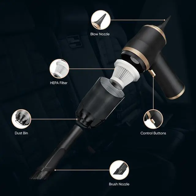 Alt view image 4 of 7 - ThomasWorth Handheld Vacuum Cleaner for Car with Strong 15000Pa Suction, 3-in-1 Mini Car Vacuum Cordless Rechargeable with 120W Motor Air Duster and Pump for Deep Cleaning Anywhere