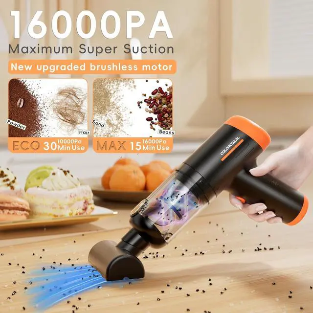 Alt view image 2 of 7 - COLORCORAL Handheld Vacuum Cordless Rechargeable 16000Pa High Power Car Vacuum Portable with Brushless Motor, 4 in 1 Portable Vacuum Cleaner with Cleaning Gel for Home, Car and Office