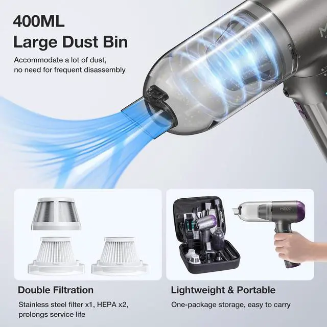 Alt view image 5 of 7 - MECO ELEVERDE Car Vacuum Cleaner, 18KPa Powerful Handheld Vacuum Cordless, Mini Vacuum Cleaner with Brushless Motor,4 in 1 Compressed Air Duster & Portable Vacuum for Car Home Office Pet, Purple