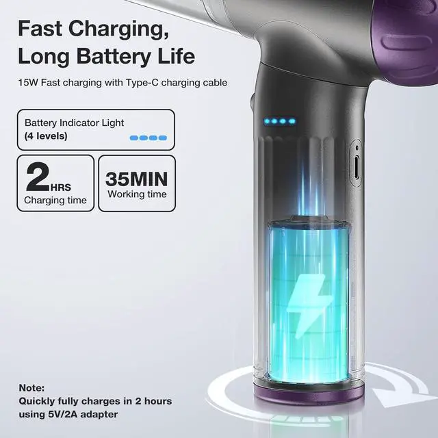Alt view image 6 of 7 - MECO ELEVERDE Car Vacuum Cleaner, 18KPa Powerful Handheld Vacuum Cordless, Mini Vacuum Cleaner with Brushless Motor,4 in 1 Compressed Air Duster & Portable Vacuum for Car Home Office Pet, Purple