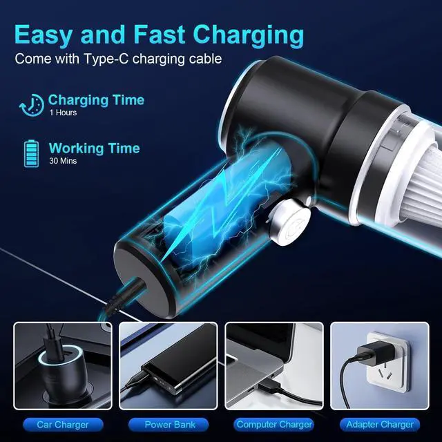 Alt view image 5 of 7 - Handheld Vacuum Cordless Rechargeable, 13000pa Car Vacuum Portable Cordless, Type-C Lightweight Mini Handheld Vacuum Cleaner, High Power Car Vacuum Cleaner with LED Light for Car Home Pet Hair (Black)