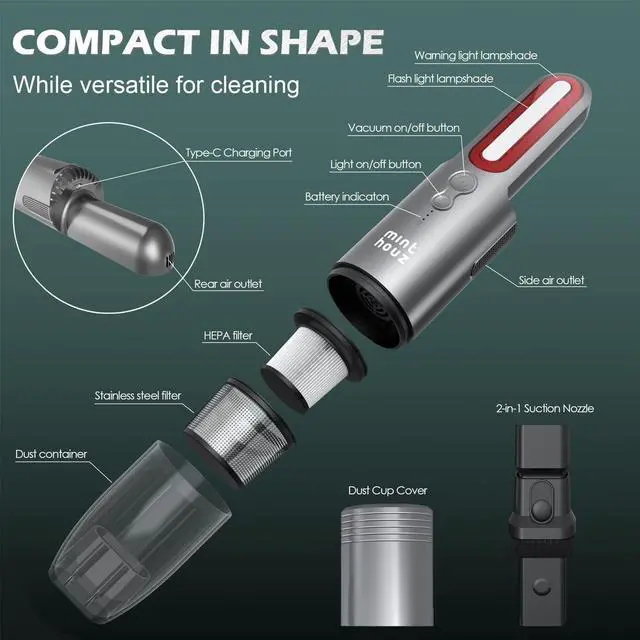 Alt view image 2 of 7 - Minthouz Handheld Car Vacuum Cleaner, Mini Portable & Rechargeable Cordless Dustbuster, Small Air Duster with 6KPa Powerful Suction, USB C Charging, Quick Detailing Car Interior/Home/Keyboard