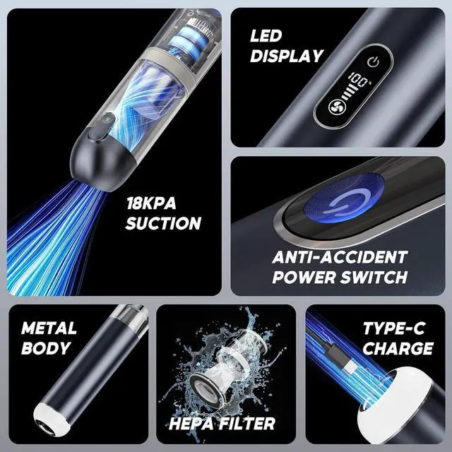 Alt view image 5 of 6 - Car Vacuum Cleaner, Portable Cordless Handheld Vacuum with 18,000PA Suction, 3 Power Modes, Metal Body & LCD Display & LED Light, Mini Vacuum for Car, Home, Office, and Pet Cleaning