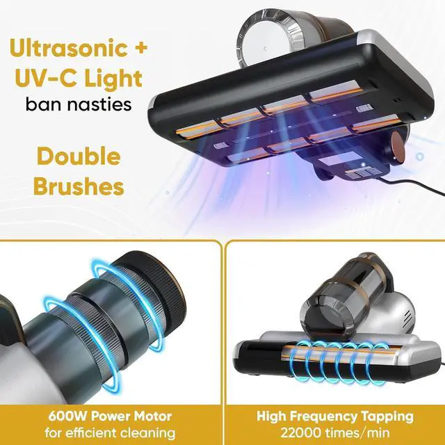 Alt view image 4 of 6 - Mattress Vacuum BED CLEANER with UV-C LIGHT, 14kPa Suction, DUAL FILTERS & Dual Rollers, Furniture Handheld Vacuum Cleaner Dust Sensor, CORDED HANDHELD VACUUM for SOFA, Fabric & PET HAIR