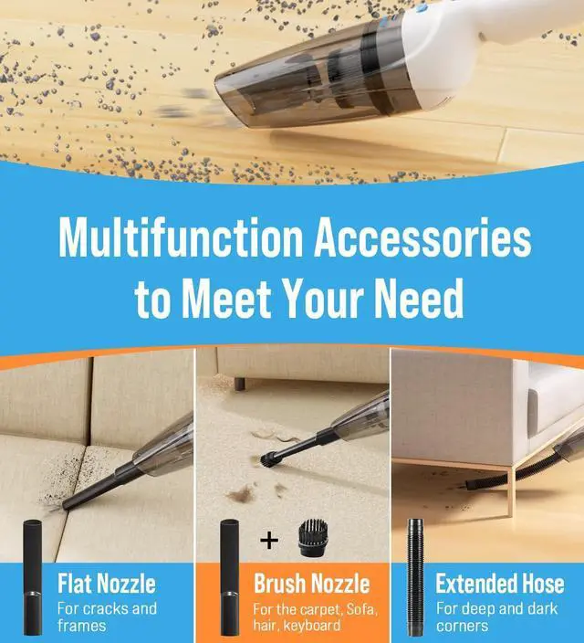 Alt view image 3 of 6 - Powerful Handheld Vacuum Cordless, 9500PA Rechargeable Car Vacuum Portable Cordless, Lightweight & Portable Mini Handheld Vacuum Cleaner with Large-Capacity Battery for Car/Home/Pet