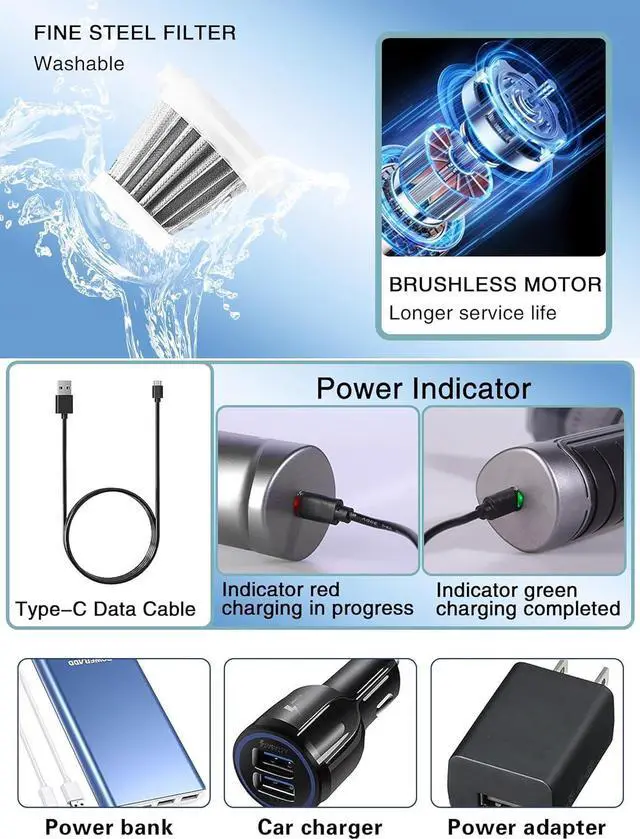 Alt view image 6 of 7 - BENJEN Mini Car Vacuum Cleane, 15000 PA High Power with Brushless Motor, for Car, Office & Home Cleaning