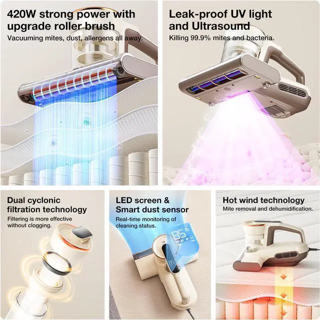 Alt view image 2 of 7 - Jimmy WB63 Mattress Vacuum Cleaner UV Sanitizing | Bed Vacuum Cleaner for Dust Mites, Corded with UV-C Light, Strong Suction, Dual Cyclone Filtration for Deep Mattress Cleaning & Upholstery