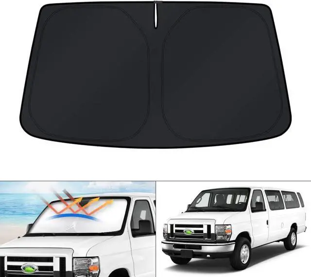 Main image of KUST Windshield Sun Shade for 1992-2025 2026 Ford Econoline E-Series Van & Motorhome E-150 E-250 E-350 E-450 Accessories Sun Shade Window Sun Visor Protector Foldable Blocks UV Rays Keep Car Cooler
