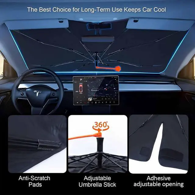 Alt view image 2 of 7 - Car Windshield Sun Shade Umbrella, Black Eyes Windshield Sunshades with 360° Rotation Bendable Handle, Foldable Automotive Windshield Shades, Full Cover Sun Shade for Most Vehicles