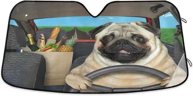 Main image of Pug Dog Driving Car Front Windshield Car Sun Shade, Funny Accordion Folding Auto Sunshade Blocks UV Rays Sun Visor Protector