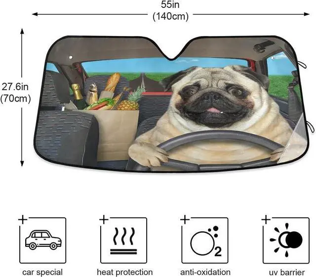 Alt view image 5 of 7 - Pug Dog Driving Car Front Windshield Car Sun Shade, Funny Accordion Folding Auto Sunshade Blocks UV Rays Sun Visor Protector