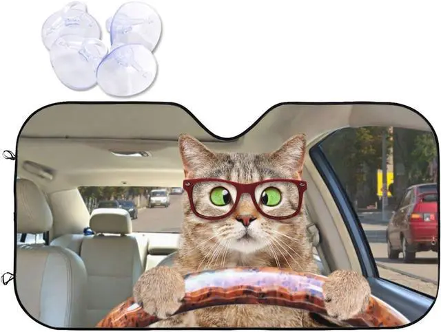 Main image of Fun Cute Cat Driving Car Front Windshield Sun Shade,Auto Sunshade for Car Truck SUV - Blocks Uv Rays Sun Visor Protector (51" X 27.5"Inch,Upgrade Hardened)