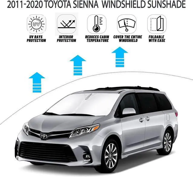 Alt view image 2 of 7 - D-Lumina Windshield Sun Shade for 2011-2020 Toyo-ta Sienna Accessories, Front Window Sunshade Sun Visor Protector Block Heat UV Rays, Foldable 2 Layers 210T Material