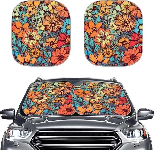 Main image of DISNIMO Abstract Groovy Flower Summer Beach Car Windshield Sunshade 2 Pieces Auto Front Windshield Sun Shade- Hawaiian Tropical Cars Window Sunshade Blocks UV Rays Sun Visor Protector