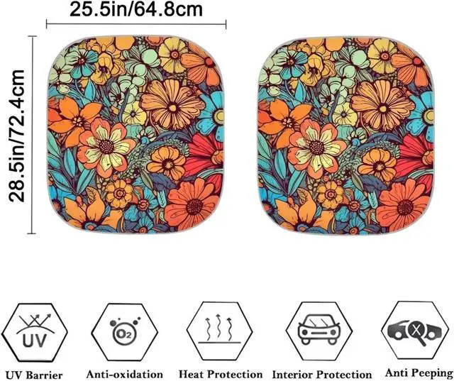 Alt view image 3 of 5 - DISNIMO Abstract Groovy Flower Summer Beach Car Windshield Sunshade 2 Pieces Auto Front Windshield Sun Shade- Hawaiian Tropical Cars Window Sunshade Blocks UV Rays Sun Visor Protector