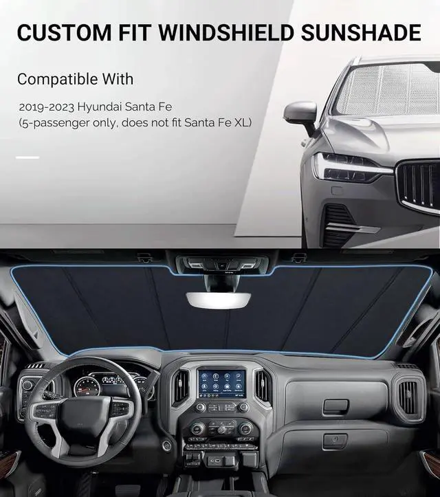 Alt view image 2 of 6 - Windshield Sun Shade for Hyundai Santa Fe 2019-2023. Reflective Aluminum Film Front Window Sunshade - BLAZBLOCK