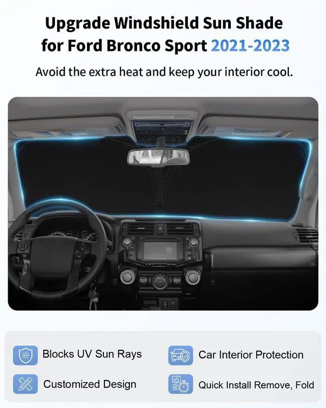 Alt view image 2 of 7 - Sun Shade Sunshade for Ford Bronco Sport 2021-2025 2026 Front Window Windshield Cover for Bronco Sport Accessories(Not for Bronco)4 Layers Window Shades 4 Door 2 Door Sun Visor Protector Block UV Ray