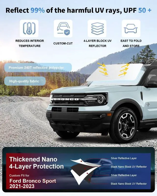 Alt view image 5 of 7 - Sun Shade Sunshade for Ford Bronco Sport 2021-2025 2026 Front Window Windshield Cover for Bronco Sport Accessories(Not for Bronco)4 Layers Window Shades 4 Door 2 Door Sun Visor Protector Block UV Ray
