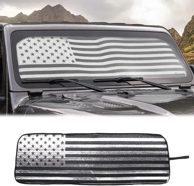 Main image of Voodonala for Jeep JL Windshield Sunshade Window Sun Shade Sun Visor Shade Panel for 2018-2025+Jeep Wrangler JL JLU 2/4Door Gladiator JT 4xe Foldable Sun Shield Cover Block Heat and Block UV Rays Flag