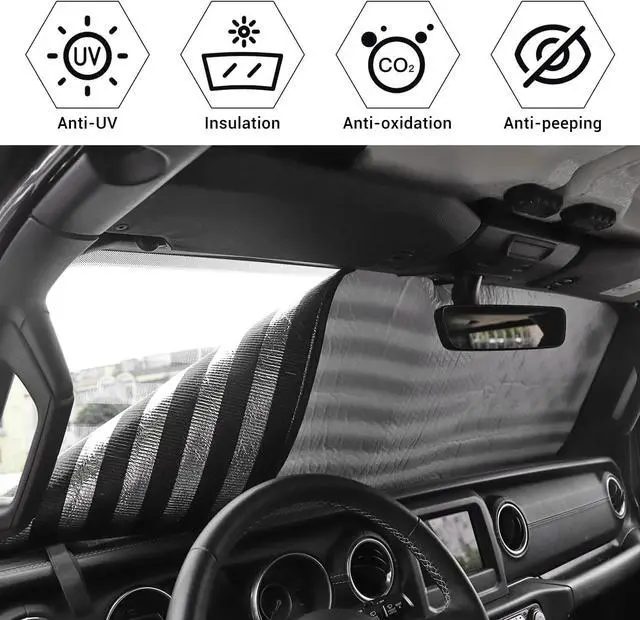 Alt view image 3 of 7 - Voodonala for Jeep JL Windshield Sunshade Window Sun Shade Sun Visor Shade Panel for 2018-2025+Jeep Wrangler JL JLU 2/4Door Gladiator JT 4xe Foldable Sun Shield Cover Block Heat and Block UV Rays Flag