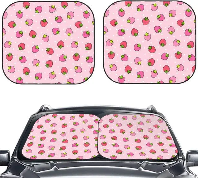 Main image of KiuLoam 2 Piece Car Windshield Sun Shade, Cute Strawberry Pink Print Sunshades Sun Visor Protector Blocks UV Rays Foldable Keep Your Vehicle Cool for Most Sedans SUV Truck, Medium