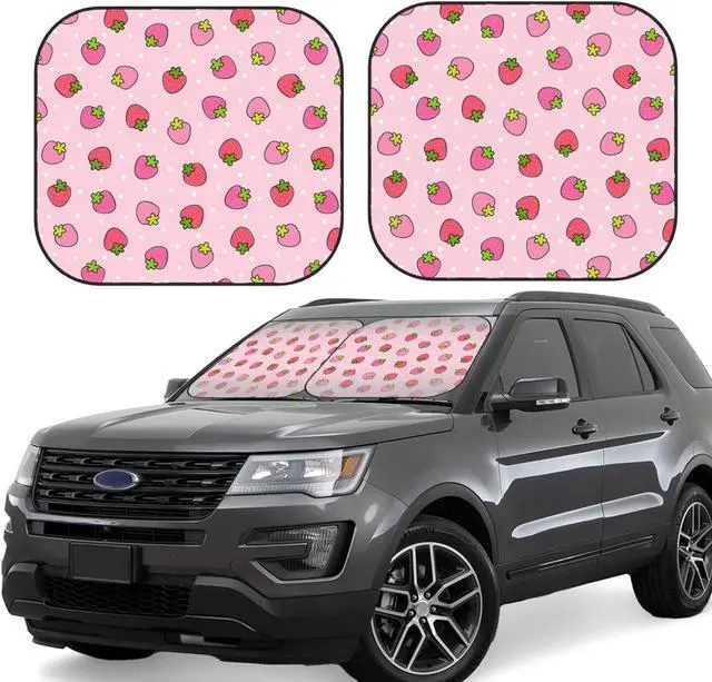 Alt view image 3 of 7 - KiuLoam 2 Piece Car Windshield Sun Shade, Cute Strawberry Pink Print Sunshades Sun Visor Protector Blocks UV Rays Foldable Keep Your Vehicle Cool for Most Sedans SUV Truck, Medium